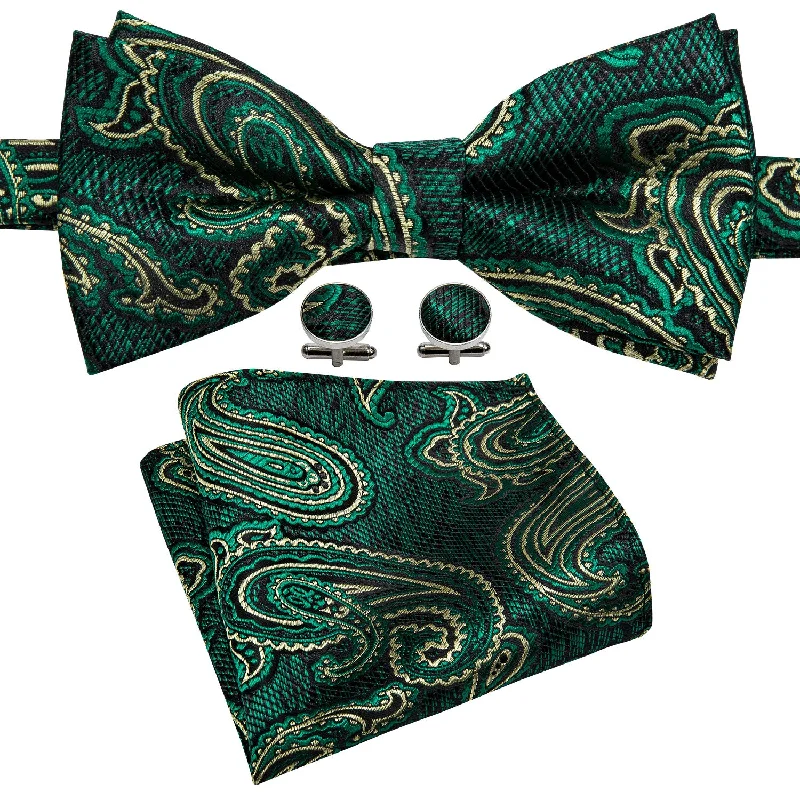 Barry.wang Green Tie Floral Men's Pre-tied Bow Tie Hanky Cufflinks Set