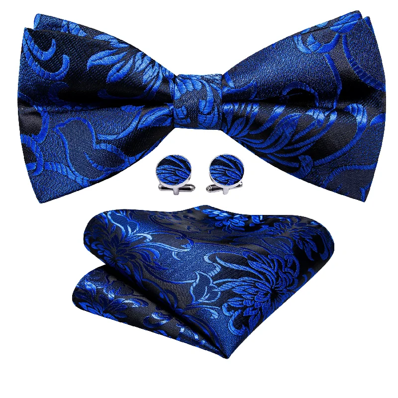 Cobalt Blue Paisley Pre-tied Bow Tie Hanky Cufflinks Set