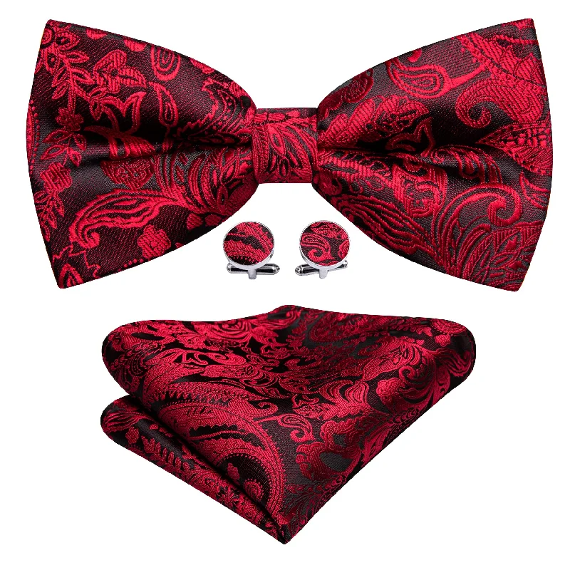 Barry Wang Black Red Paisley Pre-tied Mens Bow Tie Hanky Cufflinks Set