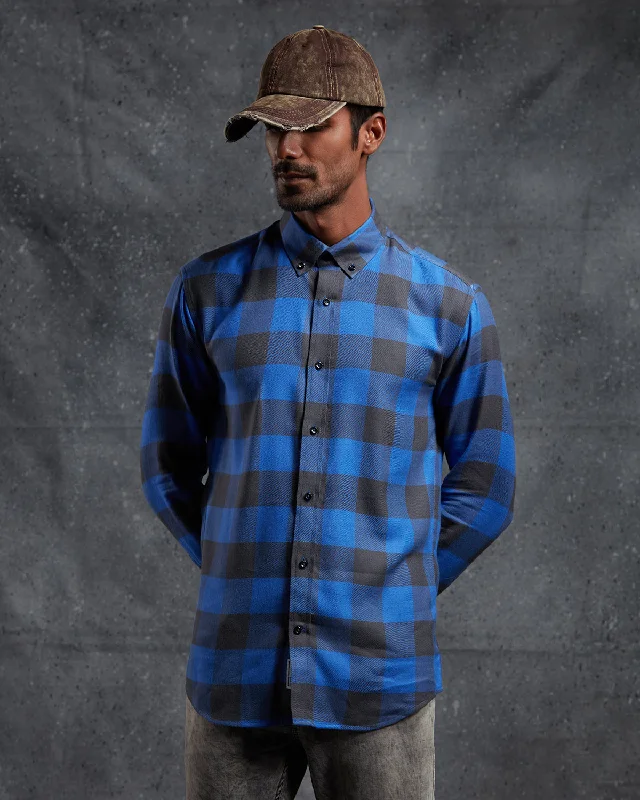 Brushed Twill Checked Shirt - Blue & Black