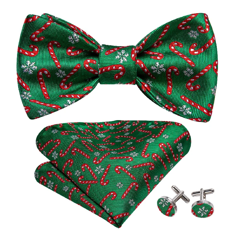 Barry Wang Christmas Green Bow Tie with Candy Cane Pattern Hanky Cufflinks Set