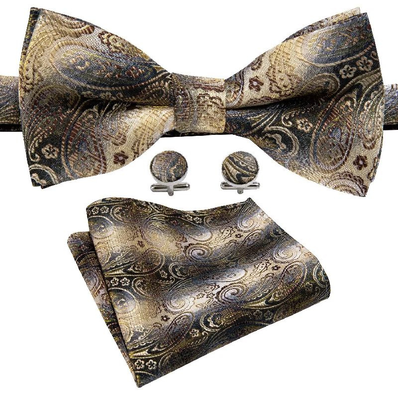 Barry Wang Men Brown Grey Paisley Pre-tied Bow Tie Hanky Cufflinks Set