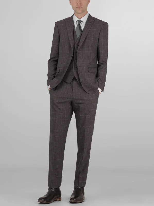 Slate Grey Windowpane Three Piece Peak Lapel Suit