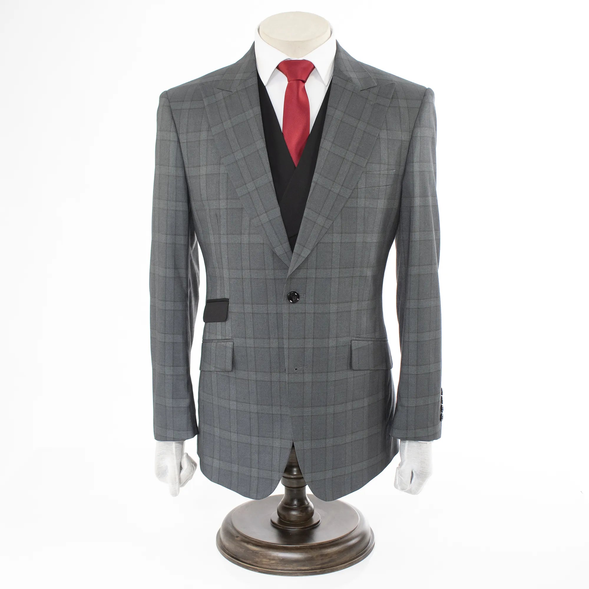 Black 3-Piece Modern-Fit Plaid Wool Suit With Peak Lapels