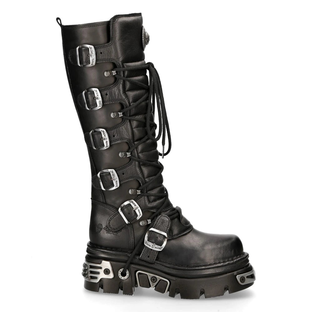 M272-S1 Metallic Black Goth Knee High Zip Leather Buckle Boots Punk Emo