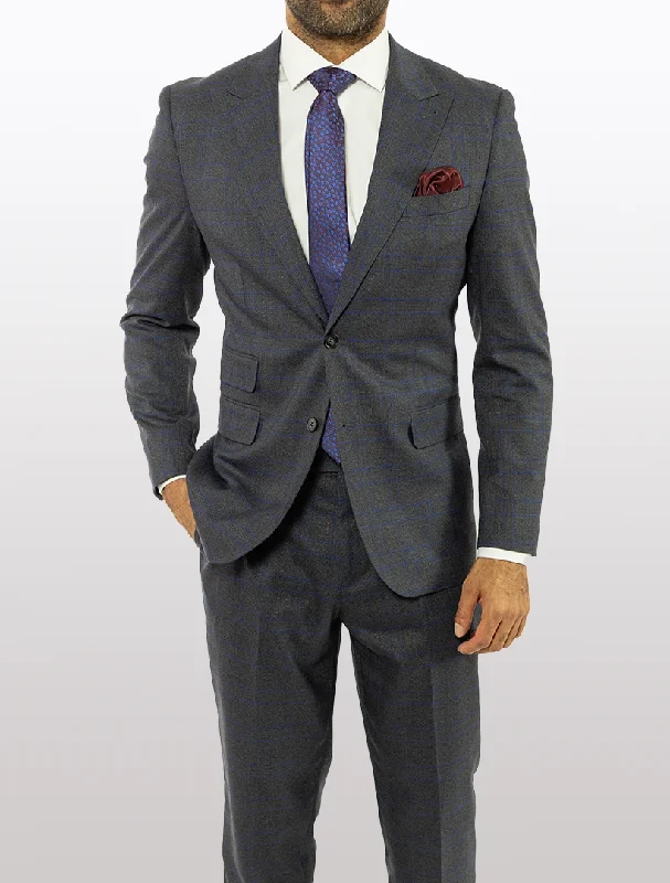 FUBU Charcoal with Blue Double Windowpane Peak Lapel Suit