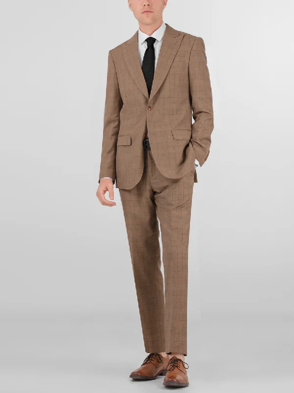 Tan Plaid Two Button Peak Lapel Suit