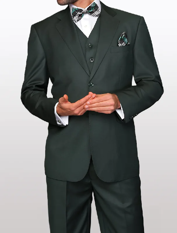 Statement Men's Solid Hunter Green 100% Wool Vested Suit (Modern Fit)