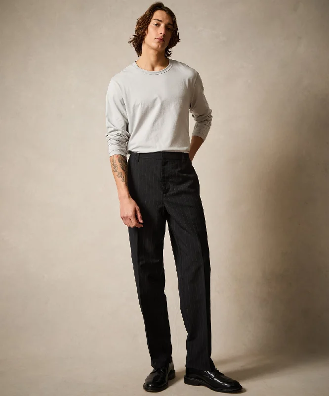 Italian Wool Linen Side Elastic Trouser in Black Pinstripe