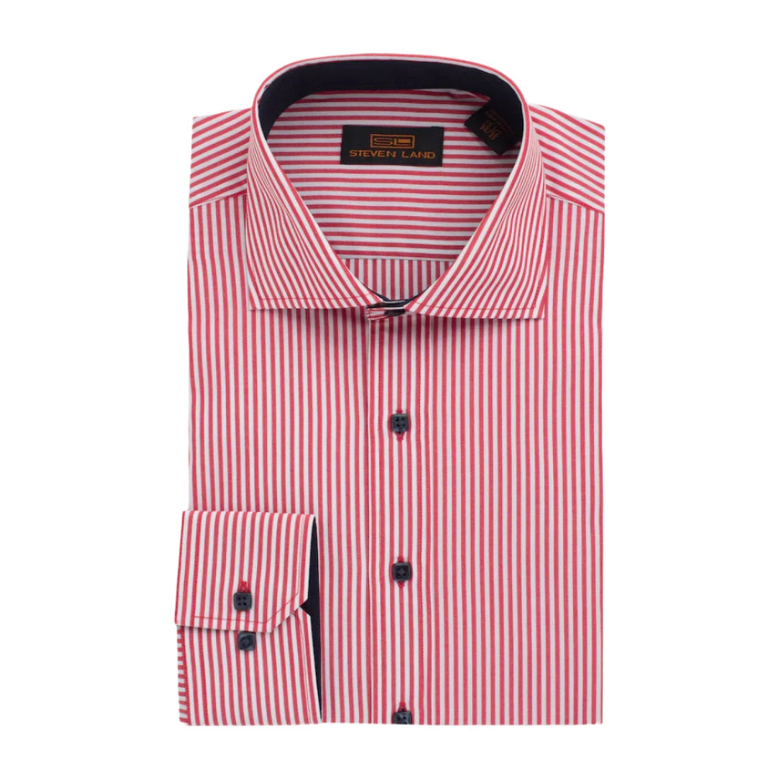 The "Earl" Striped Dress Shirt by Steven Land | Barrel Cuff & Spread Collar | Red Stripe