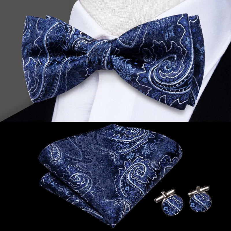 Blue White Paisley Men Pre-tied Bowtie Pocket Square Cufflinks Set