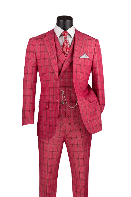 Lazio Collection - Modern Fit Windowpane Suit 3 Piece in Raspberry