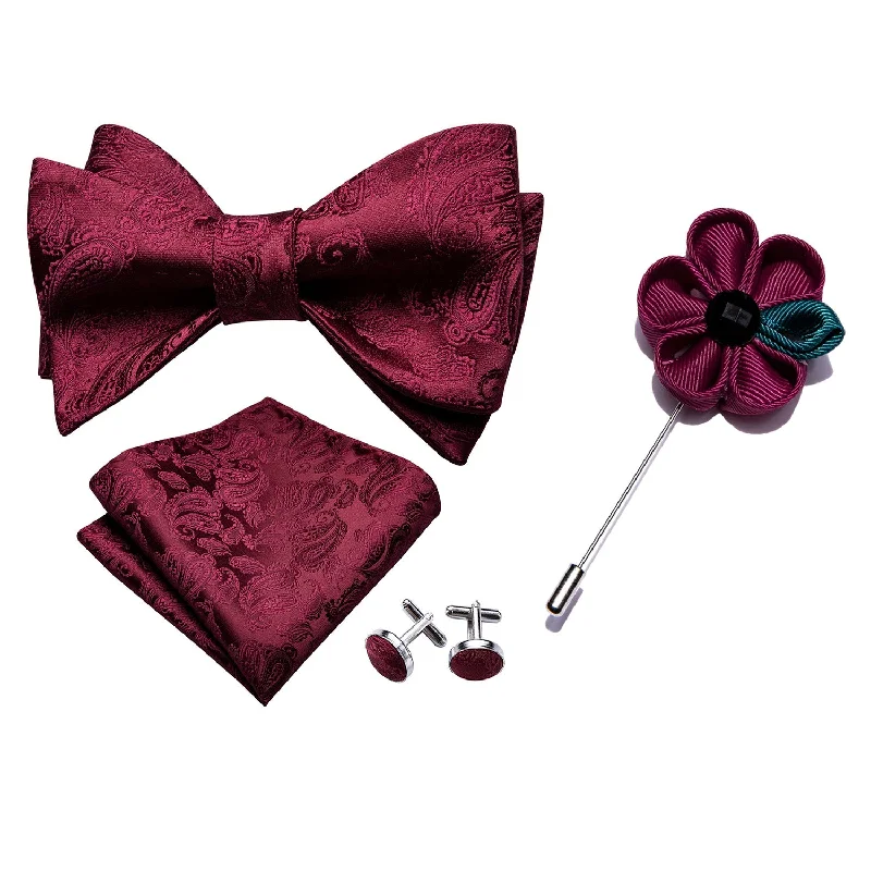 Red Paisley Self Tie Bow Tie Hanky Cufflinks Set