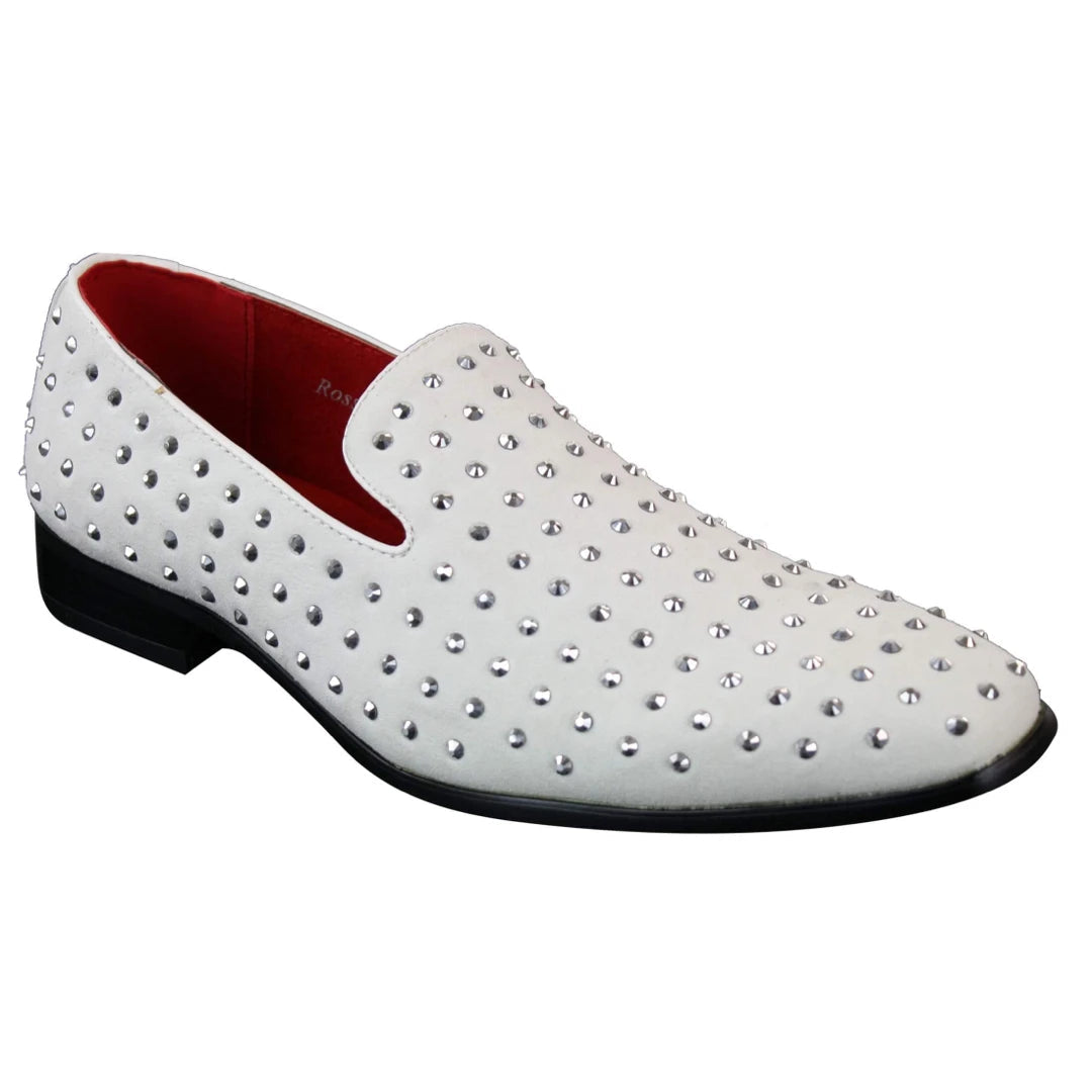 Mens Suede Slip On Loafers Shoes Stud Spikes Silver Smart Casual Shiny Party White