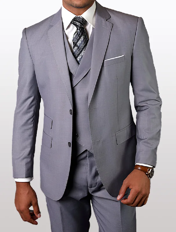 Statement Mens Grey Modern Fit 100% Wool Vested Suit