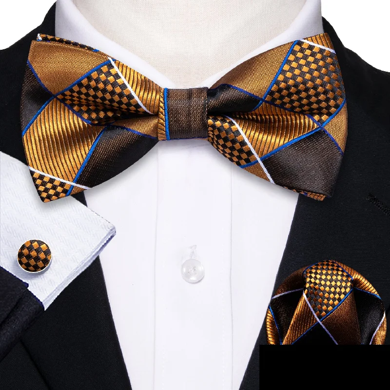 Brown Golden Plaid Men's Pre-tied Bowtie Pocket Square Cufflinks Set