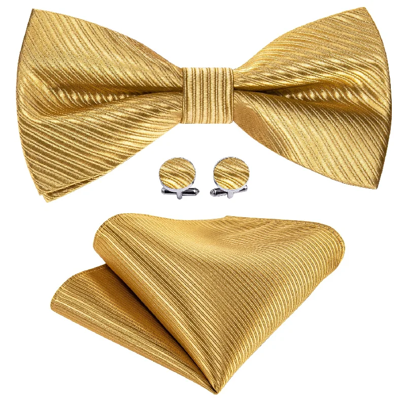 Golden Striped Pre-tied Bow Tie Hanky Cufflinks Set