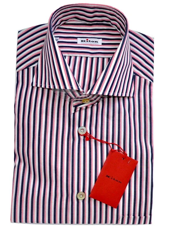 Kiton Shirt White Navy Pink Stripes 37 - 14 1/2 REDUCED - SALE