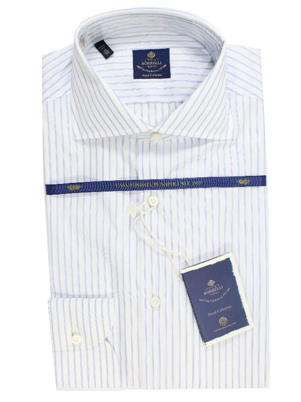 Luigi Borrelli Dress Shirt ROYAL COLLECTION White Blue Quadruple Stripes 38 -15 SALE